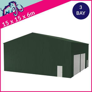 Warehouse 3 Bay 10 Degree Apex Side Access 15 x 15 x 6m – 2 Roller/1 PA/1 FD